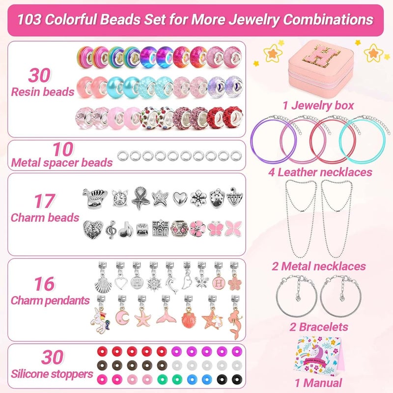 LifeisLuck Charm Bracelet Making Kit - 110 Pcs Beads Jewelry Making Kit, Unicorn & Mermaid Crafts Birthday Gifts with H Initial Personalized Bracelet Case - Image 2